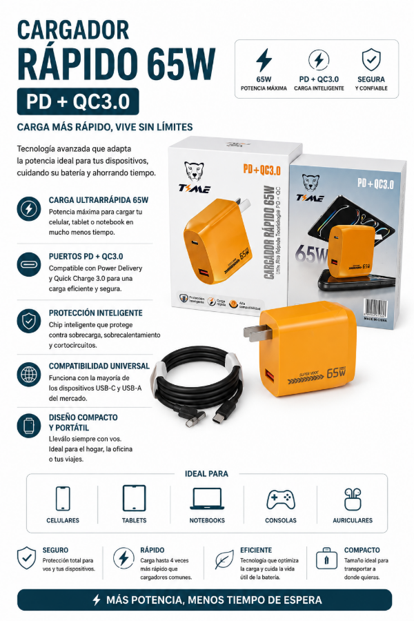 Producto - CARGADOR CARGA RAPIDA USB 65W