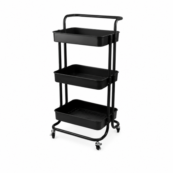 Producto - Carrito Organizador Metálico Negro con 3 estantes plásticos y ruedas