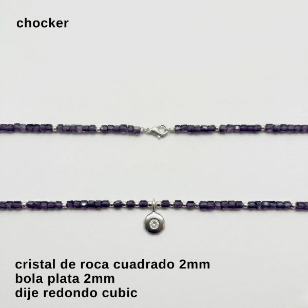 Producto - CHO.FP - Chocker cristal de roca cuadrado 2mm y dije redondo cubic (DÓLAR)