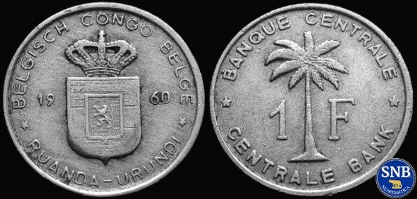 Producto - Congo Belga y Ruanda-Urundi - 1 Franco (1960) KM #4 [VF-]