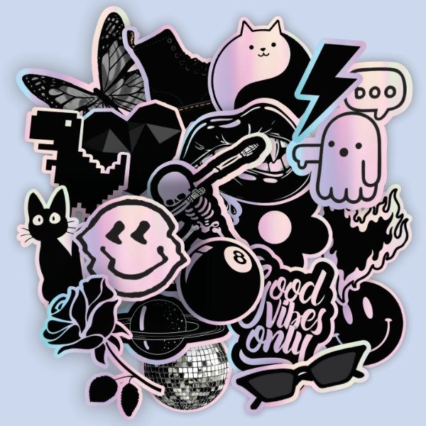 Producto - Pack 20 Stickers HOLOGRAFICOS Vinilo Uv Premium - Random Negra
