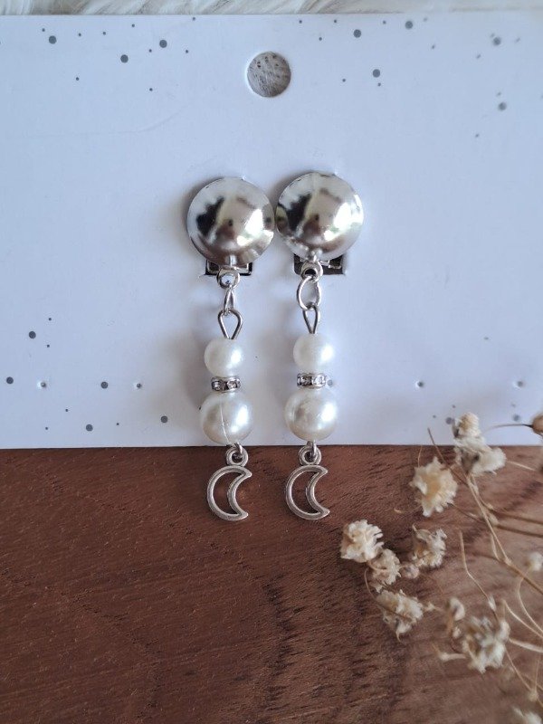 Producto - ACLIP06 Aros Clip Colgante Perla/Luna