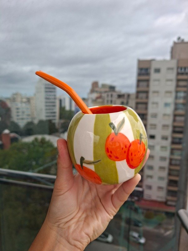 Producto - Mate Redondo Naranjas y rayas verdes