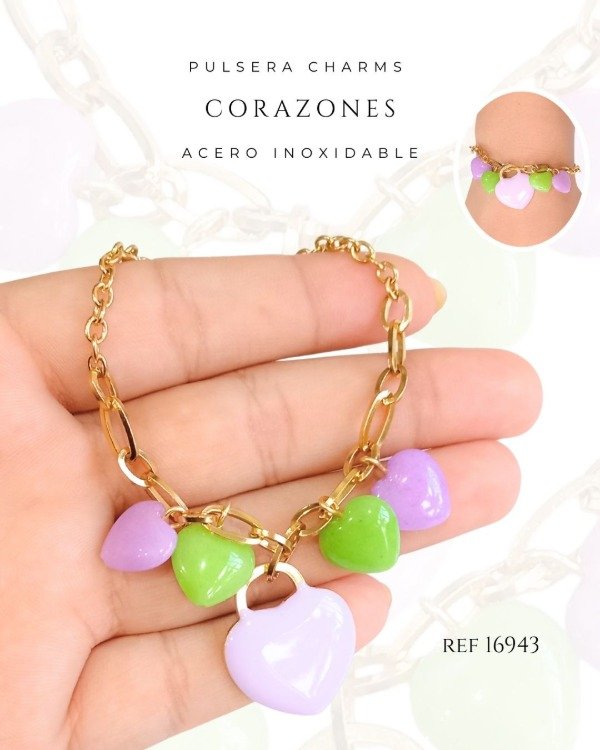 Producto - PULSERA  CHARMS CORAZONES COLORES REF 16943
