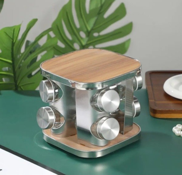 Producto - Especiero giratorio de madera y acero de 8 frascos