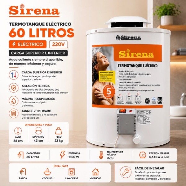 Producto - TERMOTANQUE SIRENA 60 LTS ELÉCTRICO DE COLGAR SUPERIOR/INFERIOR