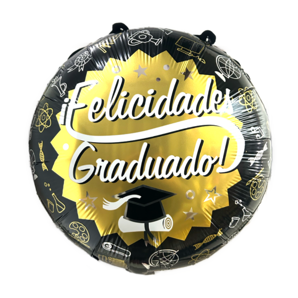 Producto - Globo "Felicidades Graduado" negro y dorado x45cm