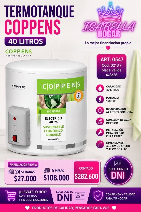 Producto - TERMOTANQUE COPPENS 40 LITROS