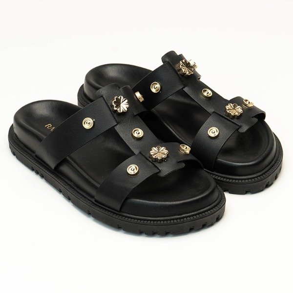 Producto - Sandalia "papete" RAFITTHY negras con flores doradas COD.101079