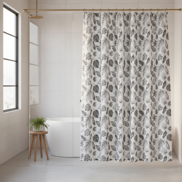 Producto - CORTINA PARA BAÑO DOBLE DISEÑO "HOJAS MONSTERAS NEGRA" PREMIUM