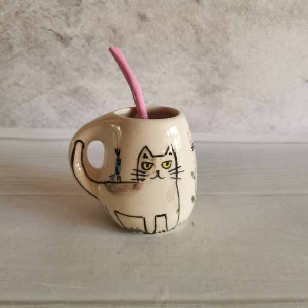 Producto - Mate + bombilla Gato Blanco y Gris