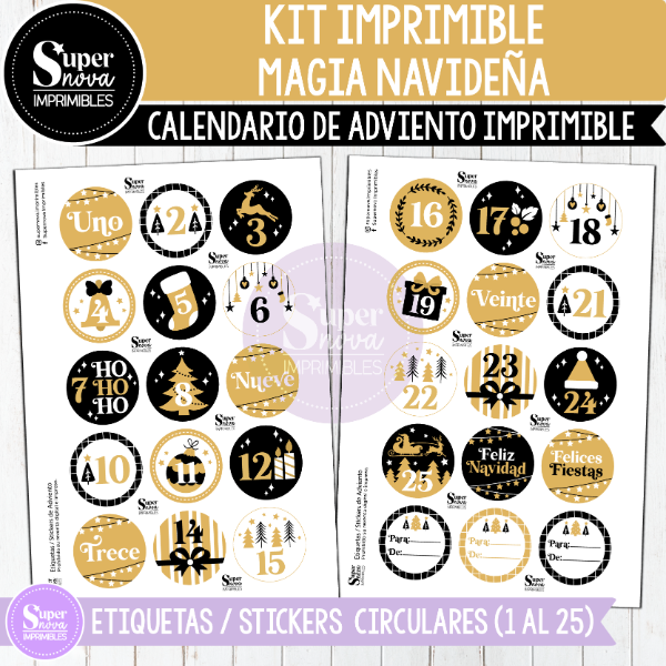 Producto - KIT IMPRIMIBLE MAGIA NAVIDEÑA CALENDARIO DE ADVIENTO STICKERS (CIRCULARES)