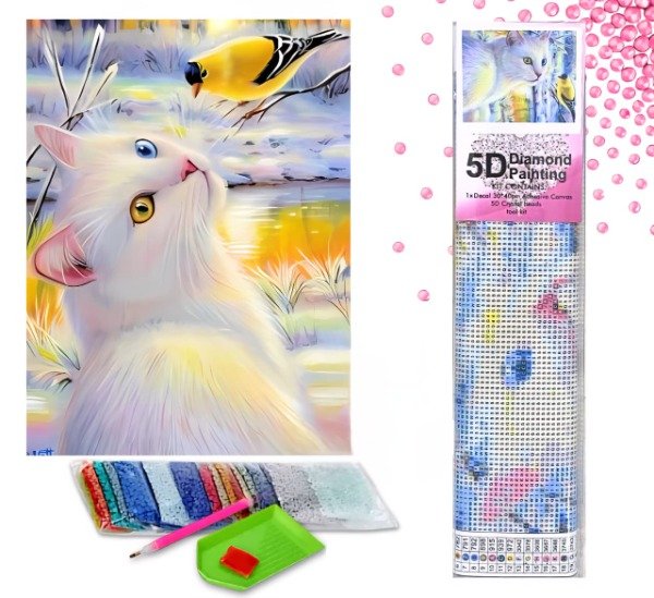 Producto - DIAMOND PAINTING 30X40 GATITA BCA Y CANARITO
