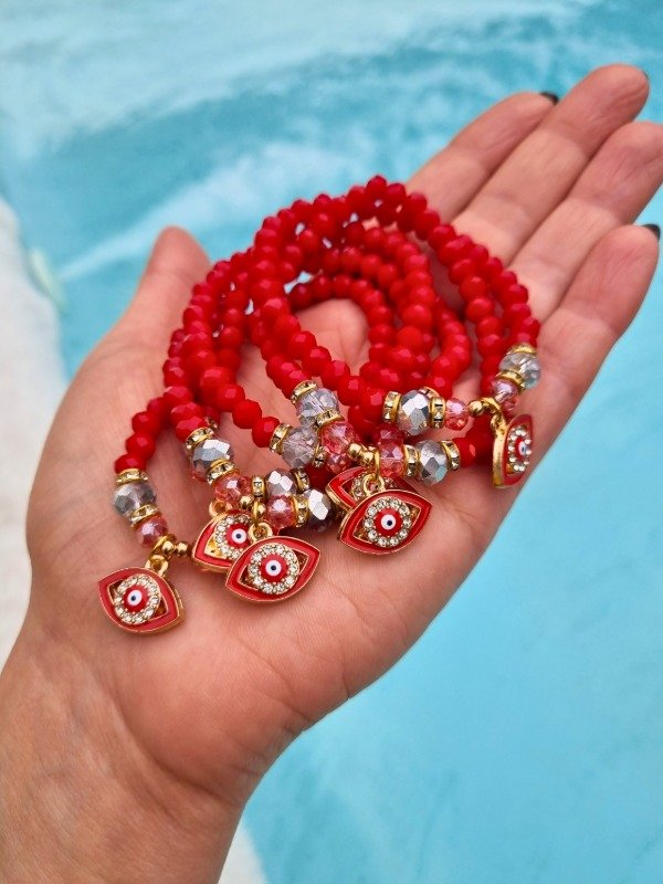 Producto - PULSERA CRISTAL Y STRASS CON OJITO ESMALTADO ROJO