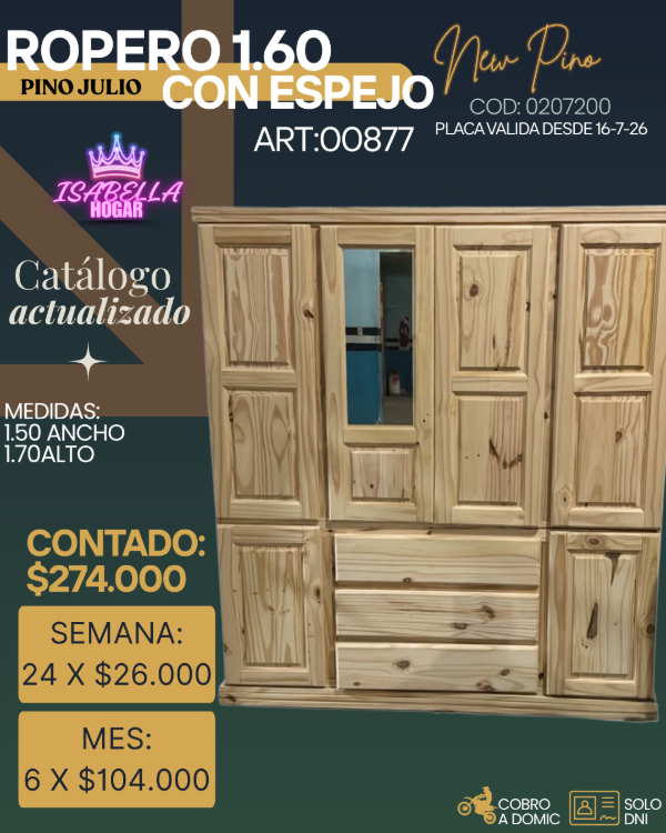Producto - ROPERO PINO 1.60 C/ESPEJO NEW - 0