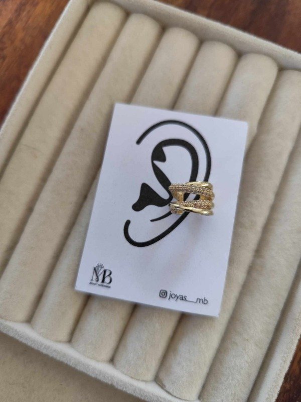 Producto - Aro cuff cruzado + strass + chunky. Dorado.