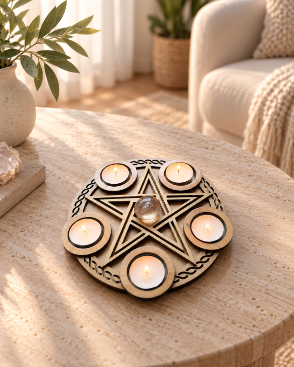 Producto - Pentáculo Ritual de Madera - Portavelas y Portacristales x5 - 1