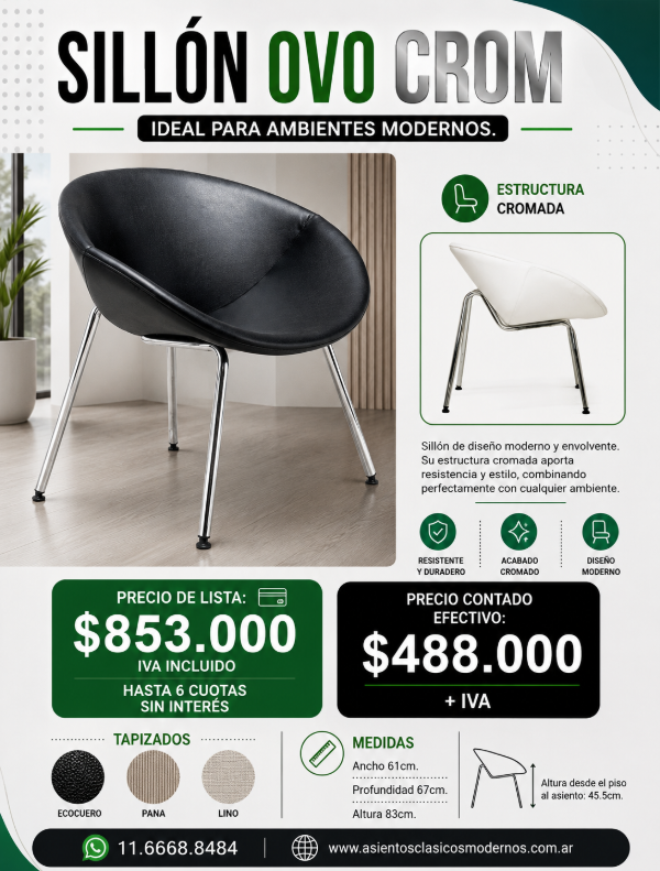 Producto - POLTRONA SILLÓN OVO, Patas Cromadas, Tapiz Lino/Pana/Ecocuero!! - 0