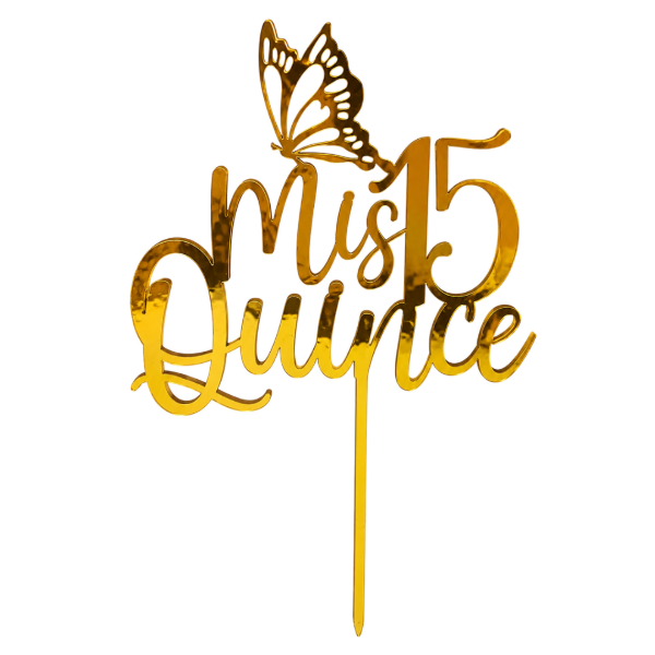 Producto - Cake topper Mis 15 con mariposa fibrofacil dorado