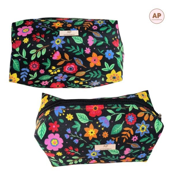 Producto - NECESER CARTU BOX TELA FLORES CHICAS CON FONDO NEGRO