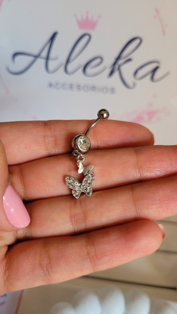 Producto - Piercing de Ombligo con dije colgante de mariposa con strass de acero quirúrgico - 0