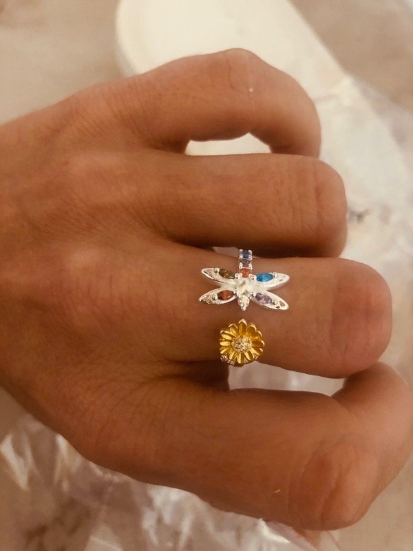 Producto - Anillo Libélula + Girasol Plata 925 regulable
