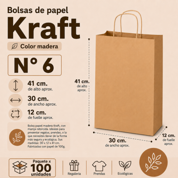 Producto - BOLSA KRAFT N  6 CON MANIJA 30 x 12 x 41 CM X100