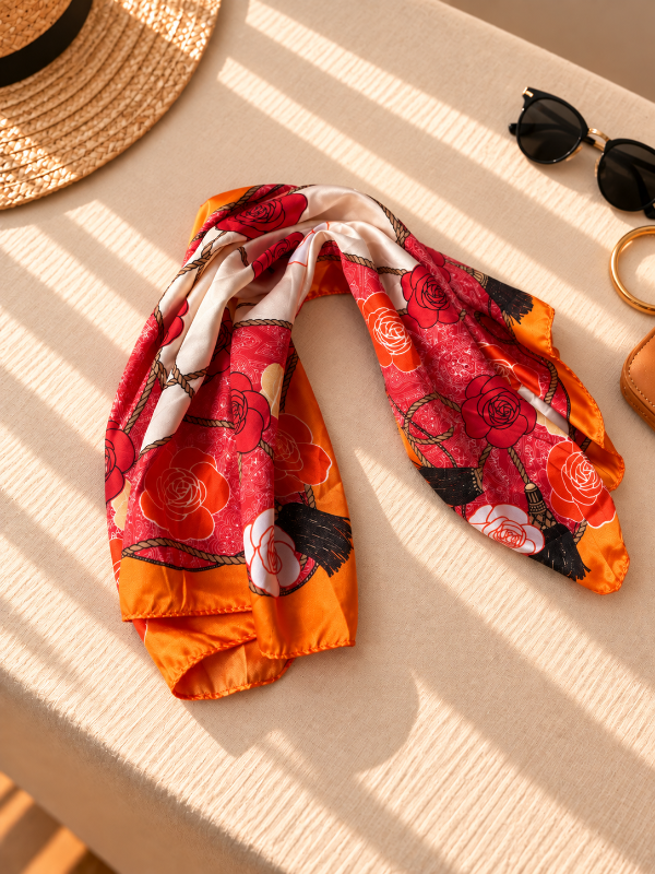 Producto - Pañuelo Naranja y Flores rojas