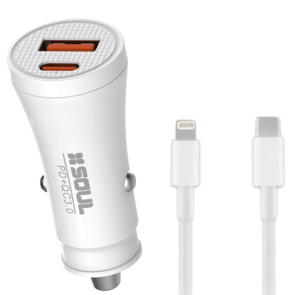 Producto - CARGADOR AUTO 38W RAPIDO 2 USB SOUL CON CABLE C A IPHONE