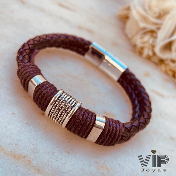 Producto - Pulsera Hombre Cuero Marrón Sintético y Acero
