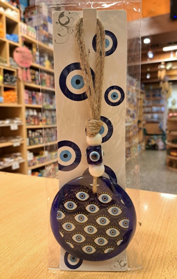 Producto - Colgante de vidrio Ojo Turco N 2 con hilo yute mediano 23 cm x 8 cm diametro