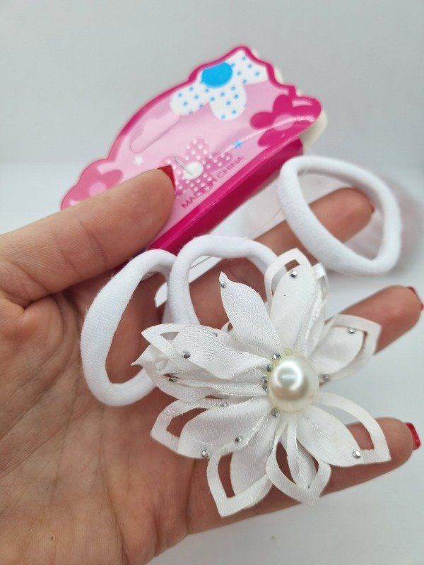 Producto - Colitas elásticas x3 aplique flor tela centro perla