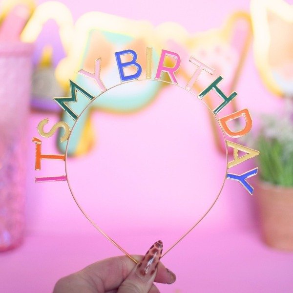 Producto - Vincha metálica happy birthday arcoíris