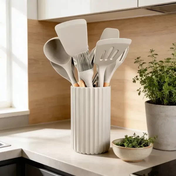 Producto - Set de utensillos Carol de silicona y mango de madera Natural