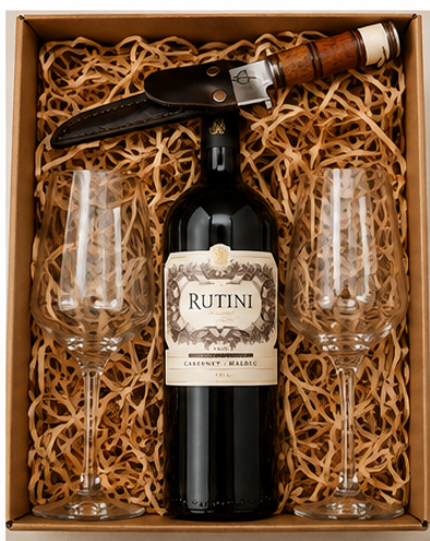 Producto - Caja de Regalo Rutini Cabernet Malbec + 2 Copas de Cristal + Cuchillo Artesanal - 0