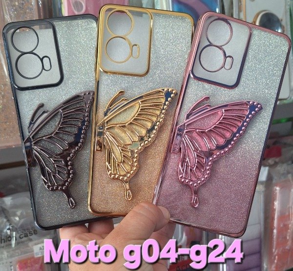 Producto - Fundas masriposas brillo desmontable. Moto g04-g24