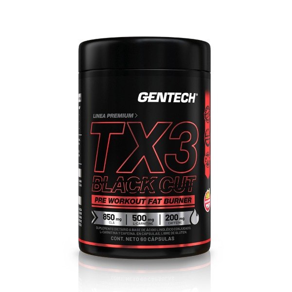 Producto - Quema Grasa TX3 Black Cuts GENTECH 60 cáps. / CLA, Carnitina y Cafeína