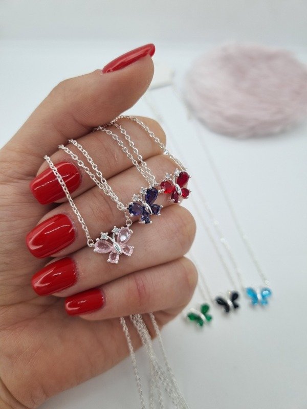 Producto - Cadena acero blanco dije mariposa mini gema