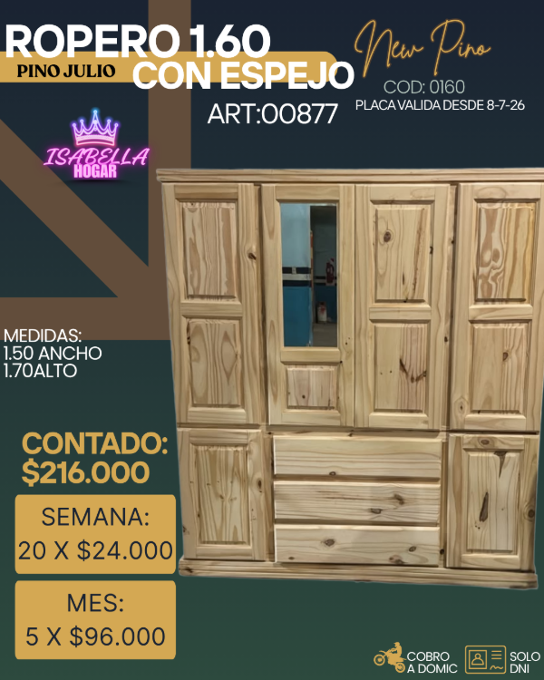 Producto - ROPERO PINO 1.60 C/ESPEJO NEW