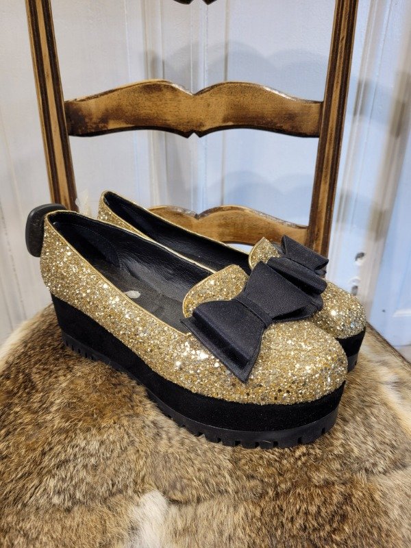Producto - Zapatos PARUOLO plataforma glitter dorado y moño- Talle 40- PRECIO:32X - 0