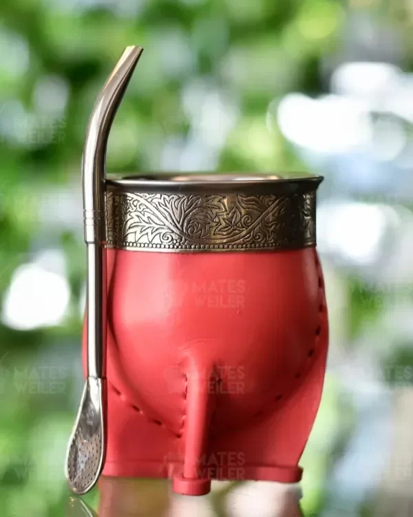 Producto - Combo Mate Imperial Deluxe de Acero y Cuero Rosa + Bombilla Pico de Loro