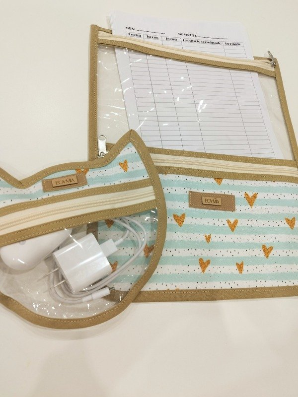 Producto - Promo sobre organizador A4 más neceser gatito diseño corazones aqua