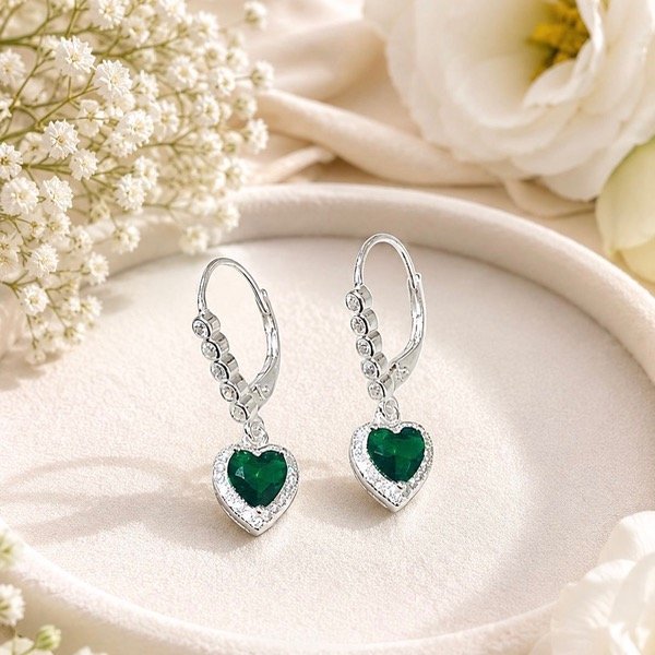Producto - Aros Brisura corazones colgantes cubic esmeralda Plata 925 - 0