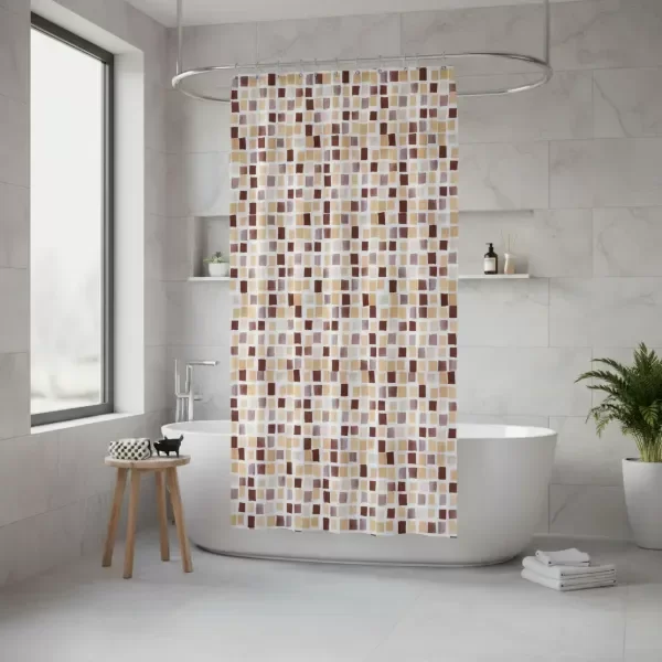 Producto - Cortina De Baño Estampada + Protector Y Ganchos MARRON