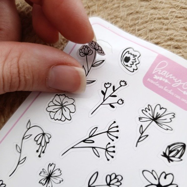 Producto - Plancha Stickers a6 troquelada FLORCITAS NEGRAS - 1