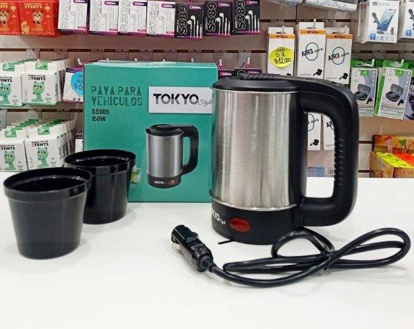 Producto - Pava Eléctrica TOKYO SS905 de 150w 500ml 12V Acero Inoxidable Incluye 2 Vasos