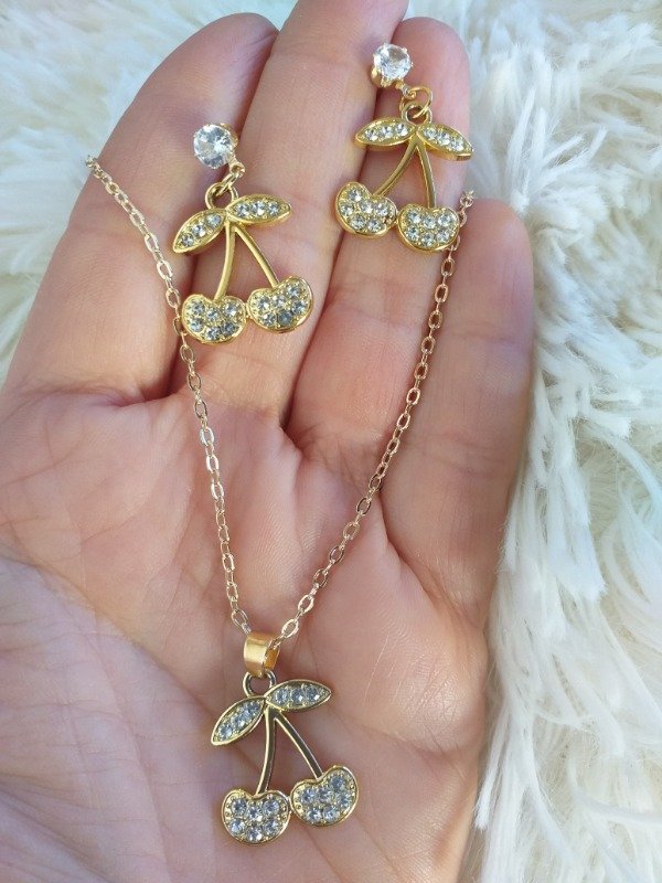 Producto - ADC0048 Conjunto Cadena Aros Bijouterie dorado Cereza Strass
