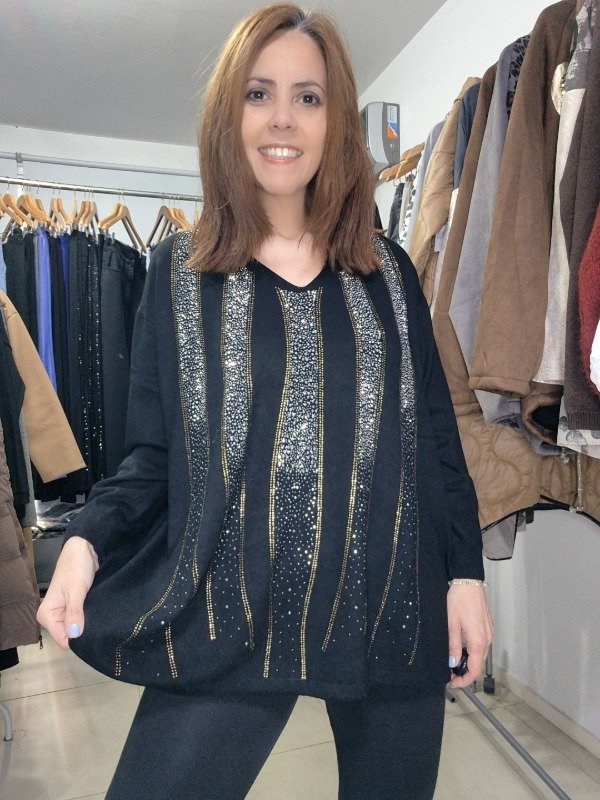 Producto - Sweater Premium Importado en V - Strass Brillos 145 cm - XXL Grande NEGRO