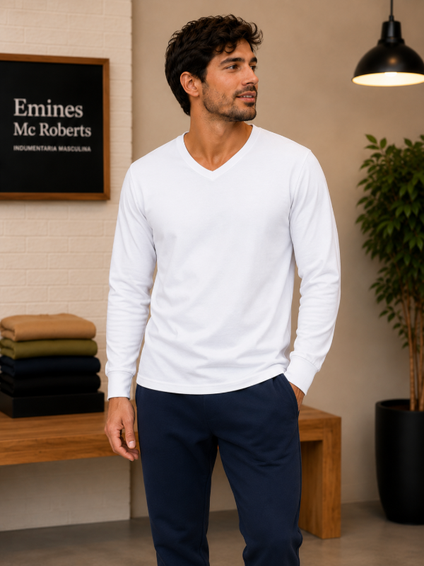 Camiseta Interlock Peinado Cuello en V M/Larga