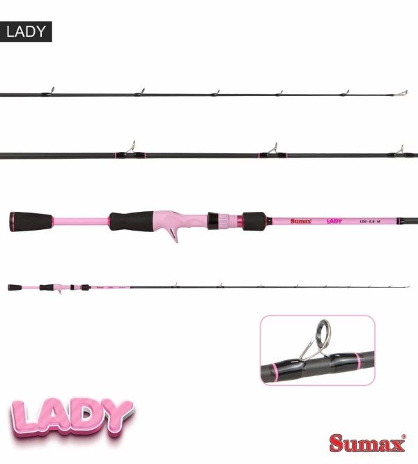 Producto - Caña Sumax Lady 1.74m 1 Tramo 8-17 y 10-20lbs Fibra Carbono Baitcasting Rosa